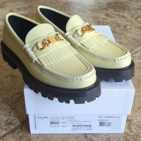 Celine Pale Yellow Leather Fringe Loafers with Gold Chain - Picture 2 of 5